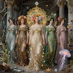 hyperrealistic detailed portrait of a procession of women in an abandoned temple, with flowers, butterflies, corals, sea kelp, sea plants, fish, starfish, jellyfish, diamonds, filaments, golden filigree, neon lights, art by ernst haeckel, john william godward, hammershøi, alphons mucha, pontormo, ornamental, decorative, lights by hopper, pastel deep colours,