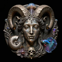fully black background. background hex 000000. goddess princess face close-up portrait ram skull. old metal bas relief. jellyfish phoenix head, nautilus, orchid, skull, betta fish, bioluminiscent creatures, intricate artwork by Tooth Wu and wlop and beeple. octane render, trending on artstation, greg rutkowski very coherent symmetrical artwork. cinematic, hyper realism, high detail, octane render, 8k