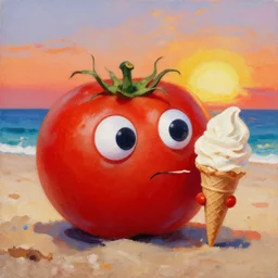 a very detailed realistic oil painting with rough brush of a lazy red burned tomato with 1 0 googly eyes on a beach eating ice cream in walking ice cones, a sunset by james jean in japanese poster style
