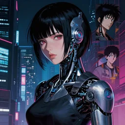 photo portrait of a japanese cyberpunk cyborg girl, finely detailed features, cyborg robot parts with glowing lights!, dramatic cinematic, night, at cyberpunk city, ghost in the shell, akira, noir, trending on pixiv fanbox, manga!, heavy metal!, painted by greg rutkowski makoto shinkai takashi takeuchi craig mullins, alphonse mucha, studio ghibli, pixiv