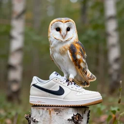 ”A barn owl sitting on a Nike shoe standing on a birch stump, 4K, Sigma 55”