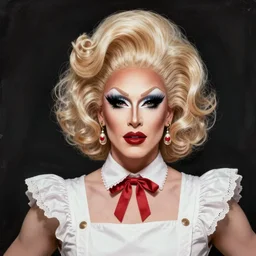 a drag queen wearing heavy drag queen makeup, fabulous drag queen ( wig, hair ) in retro 1 9 5 0 s housewife outfit ( frilly dress, apron, vintage hairdo wig ), highly detailed, digital painting, trending on artstation, concept art, sharp focus, illustration, by artgerm, by greg rutkowski, by rembrandt, ru paul, clear detailed face,