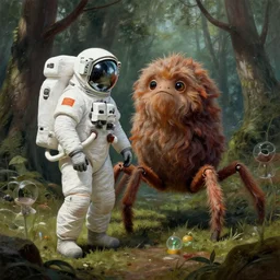 an astronaut next to a strange furry six legged creature in a forest, a detailed matte painting by frieke janssens, featured on cgsociety, fantasy art, matte painting, reimagined by industrial light and magic, matte drawing