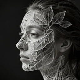 a 4 0 year old woman's face in profile, made of intricate decorative lace leaf skeleton, in the style of the dutch masters and gregory crewdson, dark and moody, depth of field