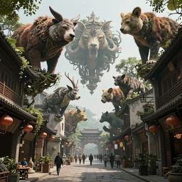 an intricate concept art of an asian street with flying large animal biomes, ultra realistic, hyper detail, style by feng zhu and artgerm, trending on artstation, cgsociety, 8 k, octane render, high contrast, 3 d render, cgi, cinematic lighting