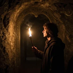 a man holds a torch and explores a Dungeon, luminous, Art Nouveau