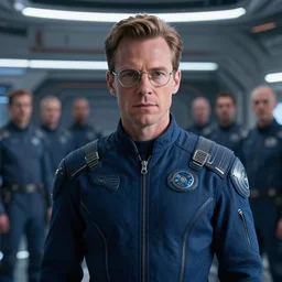 cinematic portrait of edward harrison norton in glasses in dark blue futuristic jumpsuit, space station at background, high detail, 8 k, sharp focus, movie still, dramatic lighting, ray tracing, smooth, lane brown, finnstark, oleg bulakh, diego fazio, mike dargas, emanuele dascanio, felix englund, michal karcz