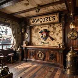 interier view of award - winning pirate themed escape room set on the top deck on pirate ship from 1 7 2 0. steampunk. trending on artstation, realistic.