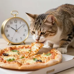 A cat eating a pizza with a gold clock around it's neck