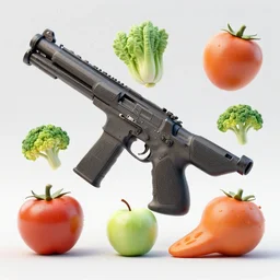 tactical weaponry inspired by fruits and vegetables, 3D octane render, extreme detail