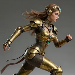 female character, delicate features, fast movement, proportional figure. kaycee rice. neopunk armor, brass, intricate jewelry, gemstones, gold. ultra realistic. fine details. volumetric light. 8 k.