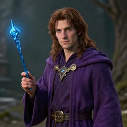 portrait of lightfoot halfling wizard, brown hair, purple robes, holding blue wand, trending on artstation, cinematic lighting, hyper realism, octane render, 8 k, hyper detailed