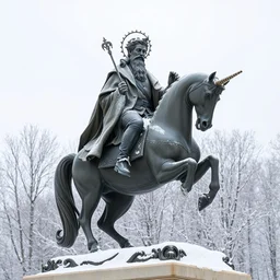of a statue of god riding a unicorn while wearing a jacket on a snowy day