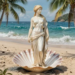 full view of a modestly silk draped greek goddess aphrodite standing on a pearlescent seashell on a tropical beach with the ocean surf in the background. masterpiece 4 k digital illustration by ruan jia and mandy jurgens and artgerm and william - adolphe bouguereau, award winning, artstation, art nouveau aesthetic, gustave dore'background, intricate details,