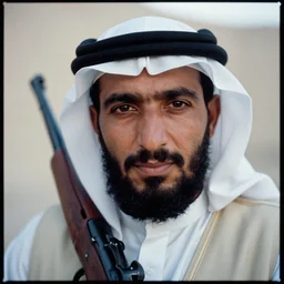 medium format photograph of bedouin man with rifle, beard, close up, ektachrome, hasselblad film shallow focus portrait, soft light photographed on expired color film,