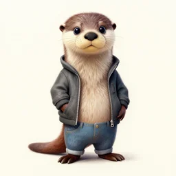 expressive stylized master furry artist digital colored pencil painting full body portrait character study of the otter ( sergal ) small head big eyes toon fursona animal person wearing clothes jacket and jeans by master furry artist blotch
