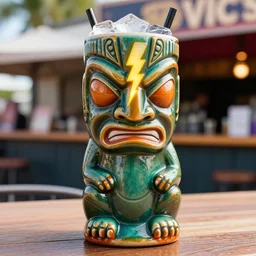 a closeup photorealistic photograph of a glossy tiki mug in the style of the flash sitting at an outdoor trader vic's bar featuring a realistic face and lighting bolt. tiki theme. icy colorful drink. bright scene. fine detail. this 4 k hd image is trending on artstation, featured on behance, well - rendered, extra crisp, features intricate detail, epic composition and the style of unreal engine.
