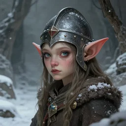 a young female goblin with a large head wearing a helmet in a snowy desolte cave, digital illustration, very detailed, art by greg rutkowski, post - communist era, fantasy art, high quality, intricate, elegant