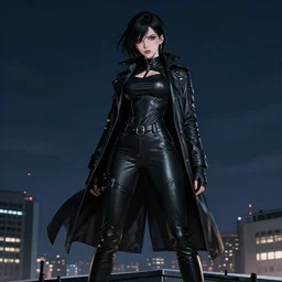 portrait of a emo vigilante woman standing on top of a building midnight, skintight leather clothes, curves, short coat, face details, shapely, extremely detailed, smooth, sharp focus, digital illustration, by artgerm, rossdraws, sakimichan