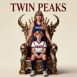 twin peaks movie poster art of taylor swift standing next to young boy sitting in throne, cheerleader sacrificed to moloch in a ritual, retro noir, by brian k. vaughan