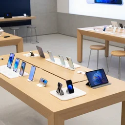 (attractive mobile phones and tablets on display on large tables in a wood and concrete flagship retail interior Samsung Microsoft Apple empty stools, verdant plants, colorful digital screens) muted colors, wide shot, XF IQ4, 14mm, f/1.4, ISO 200, 1/160s, 8K, RAW, unedited, symmetrical balance, architectural photography