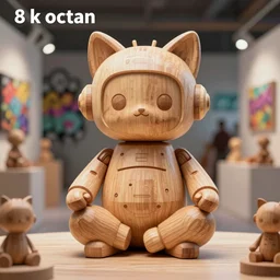 8 k octan, advertising, highly detailed, photo, a totally wooden figurine collectible art toys wooden on feet, cute fat robot meditation zen with cat ears cyberpunk fantasy art, graffiti ratio, design, showroom dealership indoor display convention exhibition a contemporary art gallery masterpiece of art