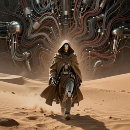 a cyborg dressed in a large cloak walking through a dangerous desert, wires, close up, in the center, centered, epic, intrincate by moebius, jean giraud & kilian eng moebius style