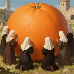 medieval nuns are worshipping a giant orange ; detailed illustration ; digital art ; peter elson