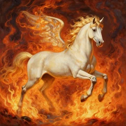 rococo style painting of a pegasus galloping through sea of flames, artstation trending, 8 k, masterwork