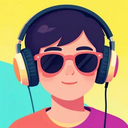 a closeup of a boy with headphones and sunglasses in retro colors, synthwave style, 2 d digital vector art