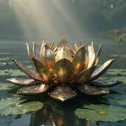 a huge mechanical water lilly, cinematic light, slightly steampunk, in the style of h. r. giger and martin johnson heade,