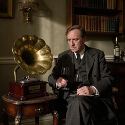Inspector Morse sits alone in his English drawing room listening to the phonograph play opera, he drinks red wine, he is sad