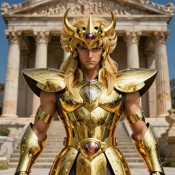 a menacing, medium close - up, studio photographic portrait of the gold saint of capricorn from saint seiya : knights of the zodiac, wearing gold armor, in the background is the old temple of athena, photoshopped, octane render, hyperrealistic, ultra detailed, symmetrical, 8 k
