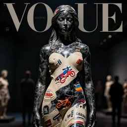 dark black marble statue of a beautiful woman with colorful motocross logos in the style of virgil abloh, dark soft lighting, cinematic, very very beautiful, detailed, off white, heron preston, 8 k, 4 k, detailed, beautiful, symmetrical, vogue, editorial, fashion, magazine, museum lighting, night time, dark