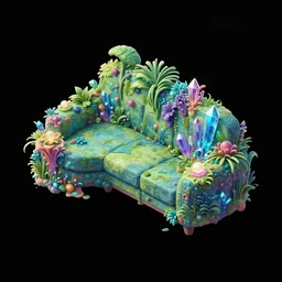 black background with an isometric sofa with an organic design based on alien bioluminescent nature aesthetic, maximalist, full of plants and glowy crystals, an asset for a mobile game. full black background behance masterpiece