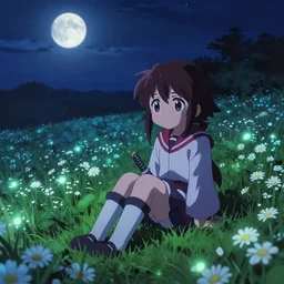 full body kimi no na wa shinsekai yori saitama zombie desu ka katana anime isekai shiki, anohana sitting in a field of bioluminescent daisies during midnight, moonlit cinematic key shot by kimi no na wa in the style of a cute chibi made in abyss rendition shot by steven king