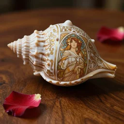 an intricate seashell is carved into a wooden table with a single rose petal, close up view, dramatic lighting, DOF, intricate artwork by alphonse mucha and Ruan Jia