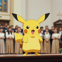 film still of jigglypuff singing in a worship choir at a baptist church from the movie pokemon