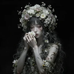 The girl made out of flowers, black background, fantasy portrait by Esao Andrews, concept art, existential horror, 4k HD, trending on ArtStation