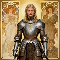 A portrait of Young blonde warrior woman , dressed in ornate armour  ,by  Greg Hildebrand , Greg Rutkowski, Thomas Kinade ,Alphonse Mucha, Loish, Norman Rockwell ,trending on artstation , rule of thirds, golden ratio ,HD 4k