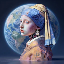 intricate highly detailed a cyborg with pearl earrings on lonely planet full body portrait, high resolution uhd hyper realistic hyperdetailed 8 k pastel paint pour by peter mohrbacher