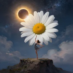 giant white daisy flower as a head, girl dancing smoothly on cliff, surreal photography, solar eclipse, milky way, dramatic light, impressionist painting, clouds, digital painting, artstation, james gilleard, liam wong, jeremy mann, simon stalenhag