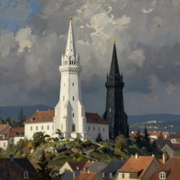 a white tower and black tower rising up from a hilly European city, trending on art station, oil painting, concept art