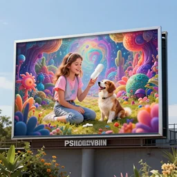 billboard ad for a for a psilocybin pharmaceutical pill showing a happy girl and a puppy in a psychedelic wonderland, detailed, realistic