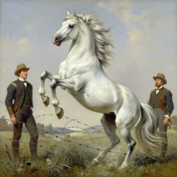 unicorn breaking through barbed wire, highly detailed painting by gaston bussiere and j. c. leyendecker and craig mullins