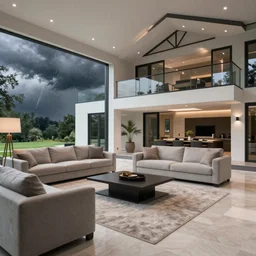 living room of a modern kentucky house, storm outside, very dark lighting | highly detailed | very intricate | cinematic lighting | award - winning | low - key lighting, by david fincher, dawn of the dead, walking dead