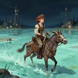 riding an animal at an acid lake, in a steampunk universe, at night, artstation