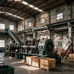an old warehouse, large machines, engines, conveyor belts, crates of finished product, stairs, rafters, walkways, balconies