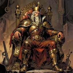 « beautiful comic style painting of steampunk king on the throne by greg rutkowski, very detailed »