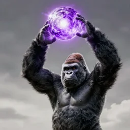 a movie poster of a determined gorilla with upraised arms channeling energy into a large purple white ball of energy high in the air
